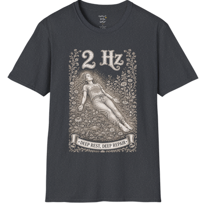 The 2 Hz T-Shirt with reclined resting figure, surrounded by a botanical garden design — Dark Sacred Stillness collection by Ramro Yoga Wear in Dark Heather Grey