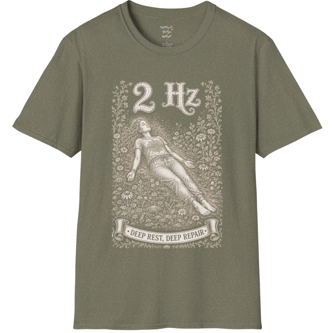 The 2 Hz T-Shirt with reclined resting figure, surrounded by a botanical garden design — Dark Sacred Stillness collection by Ramro Yoga Wear in Heather Military Green