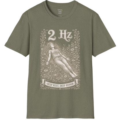 The 2 Hz T-Shirt with reclined resting figure, surrounded by a botanical garden design — Dark Sacred Stillness collection by Ramro Yoga Wear in Heather Military Green