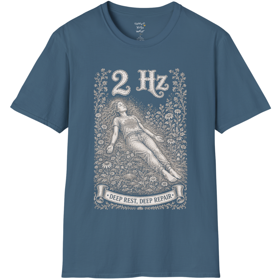 The 2 Hz T-Shirt with reclined resting figure, surrounded by a botanical garden design — Dark Sacred Stillness collection by Ramro Yoga Wear in Indigo Blue