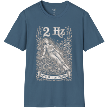The 2 Hz T-Shirt with reclined resting figure, surrounded by a botanical garden design — Dark Sacred Stillness collection by Ramro Yoga Wear in Indigo Blue