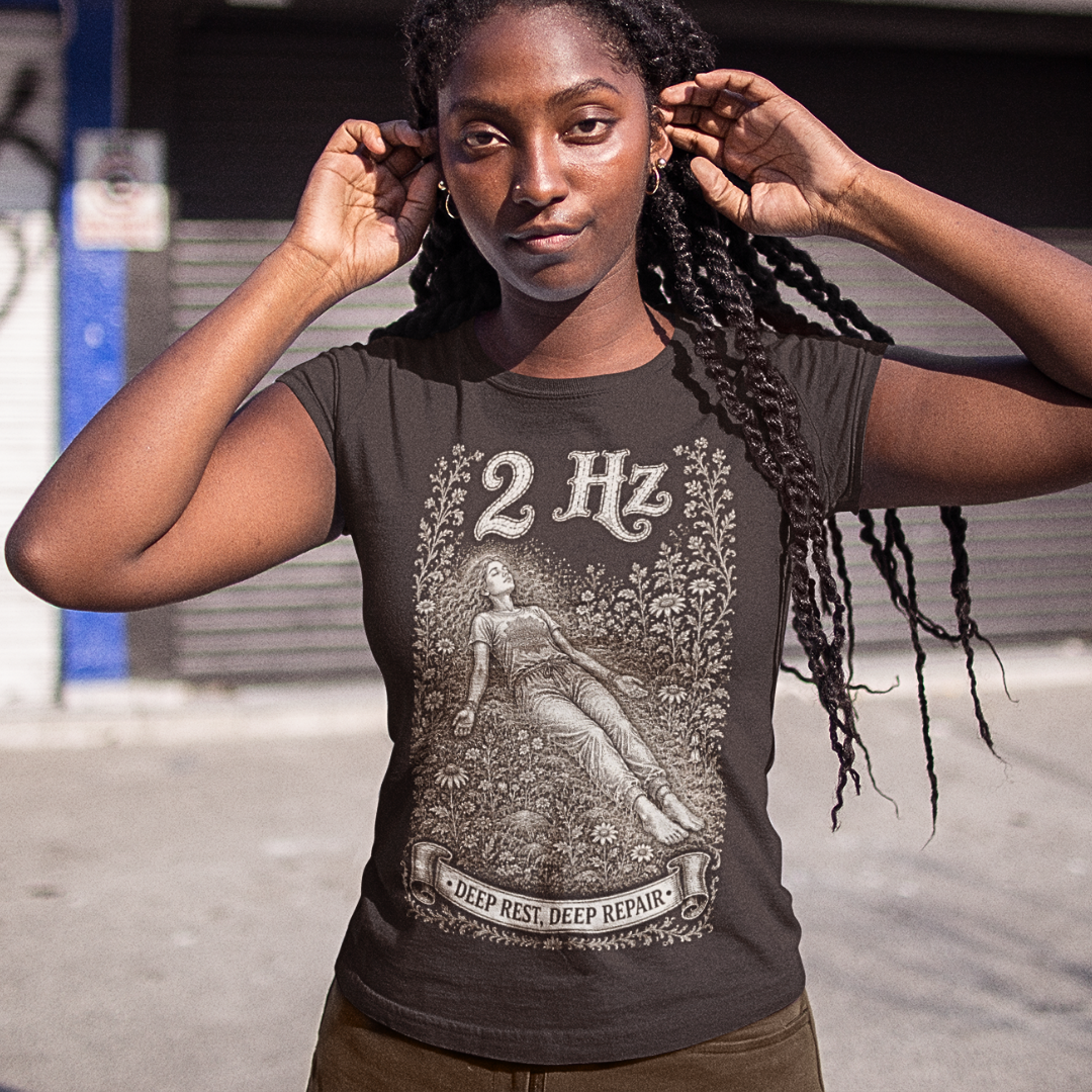 Woman wearing 2 Hz T-Shirt dark chocolate sacred yoga shirt outdoors — Dark Sacred Stillness collection by Ramro Yoga Wear