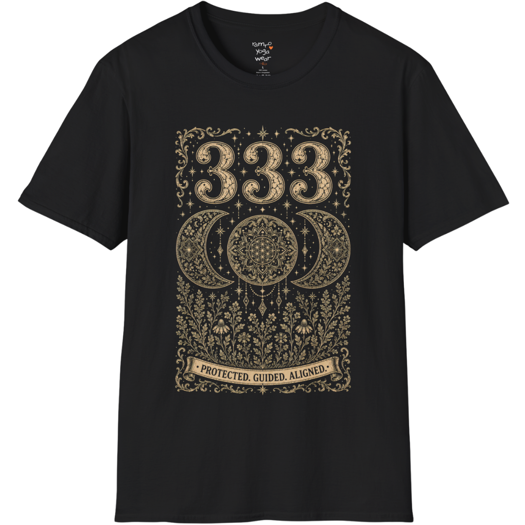 333 triple moon sacred geometry mandala botanical engraving design — Dark Sacred Stillness collection by Ramro Yoga Wear in black.