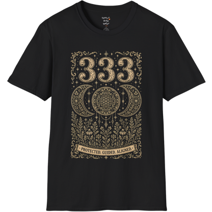 333 triple moon sacred geometry mandala botanical engraving design — Dark Sacred Stillness collection by Ramro Yoga Wear in black.