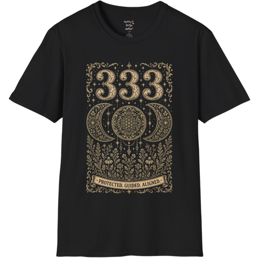 333 triple moon sacred geometry mandala botanical engraving design — Dark Sacred Stillness collection by Ramro Yoga Wear in black.