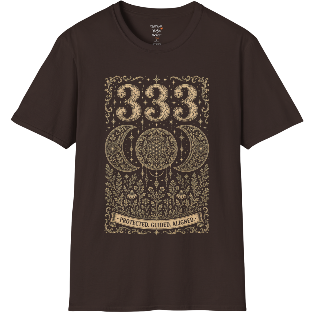 333 triple moon sacred geometry mandala botanical engraving design — Dark Sacred Stillness collection by Ramro Yoga Wear.