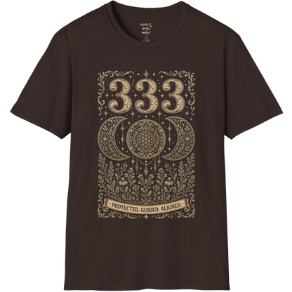 333 triple moon sacred geometry mandala botanical engraving design — Dark Sacred Stillness collection by Ramro Yoga Wear.