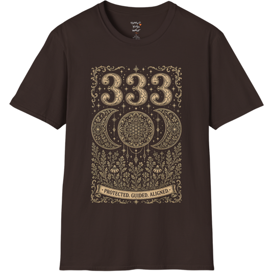 333 triple moon sacred geometry mandala botanical engraving design — Dark Sacred Stillness collection by Ramro Yoga Wear.