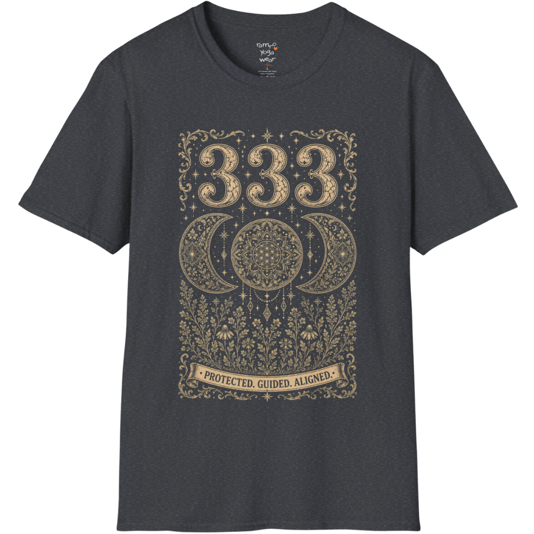 333 triple moon sacred geometry mandala botanical engraving design — Dark Sacred Stillness collection by Ramro Yoga Wear in Dark Heather Grey.