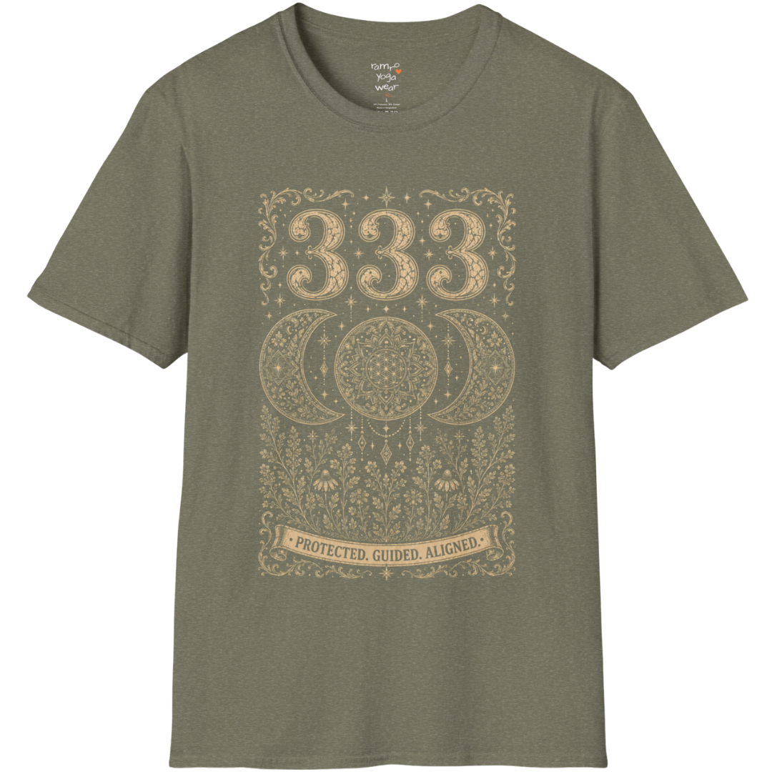 333 triple moon sacred geometry mandala botanical engraving design — Dark Sacred Stillness collection by Ramro Yoga Wear in Heather Military Green.