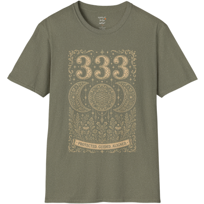 333 triple moon sacred geometry mandala botanical engraving design — Dark Sacred Stillness collection by Ramro Yoga Wear in Heather Military Green.