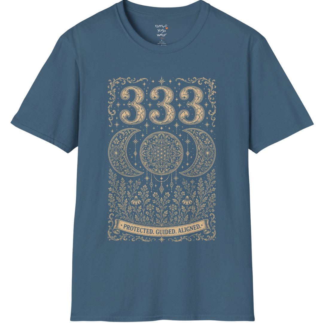 333 triple moon sacred geometry mandala botanical engraving design — Dark Sacred Stillness collection by Ramro Yoga Wear in Indigo Blue.
