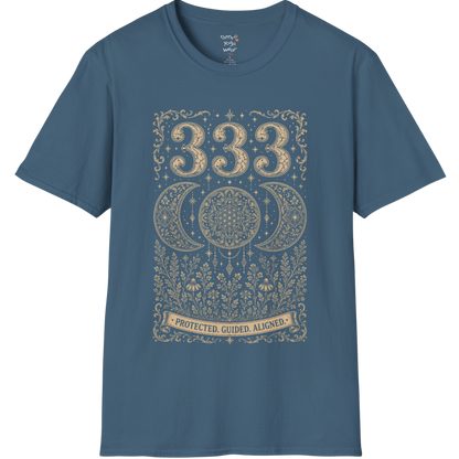 333 triple moon sacred geometry mandala botanical engraving design — Dark Sacred Stillness collection by Ramro Yoga Wear in Indigo Blue.
