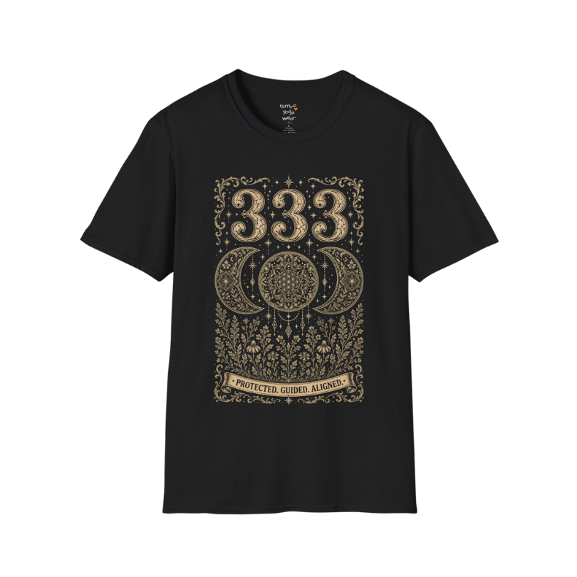 333 triple moon sacred geometry mandala botanical engraving design — Dark Sacred Stillness collection by Ramro Yoga Wear in black.