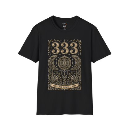 333 triple moon sacred geometry mandala botanical engraving design — Dark Sacred Stillness collection by Ramro Yoga Wear in black.