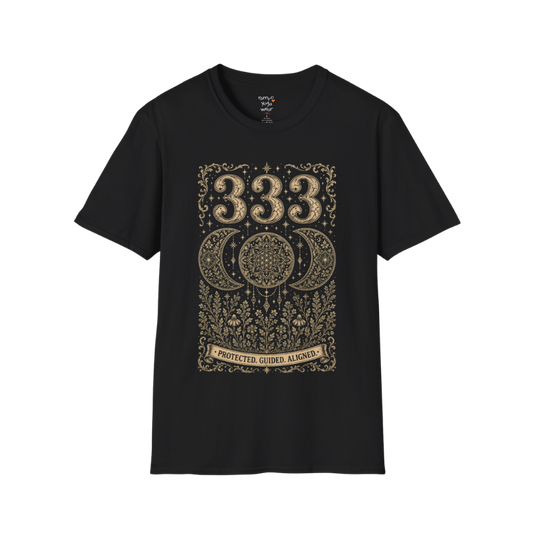 333 triple moon sacred geometry mandala botanical engraving design — Dark Sacred Stillness collection by Ramro Yoga Wear in black.