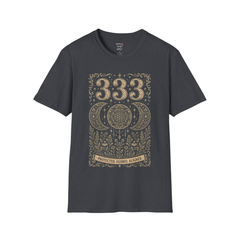 333 triple moon sacred geometry mandala botanical engraving design — Dark Sacred Stillness collection by Ramro Yoga Wear in Dark Heather Grey.