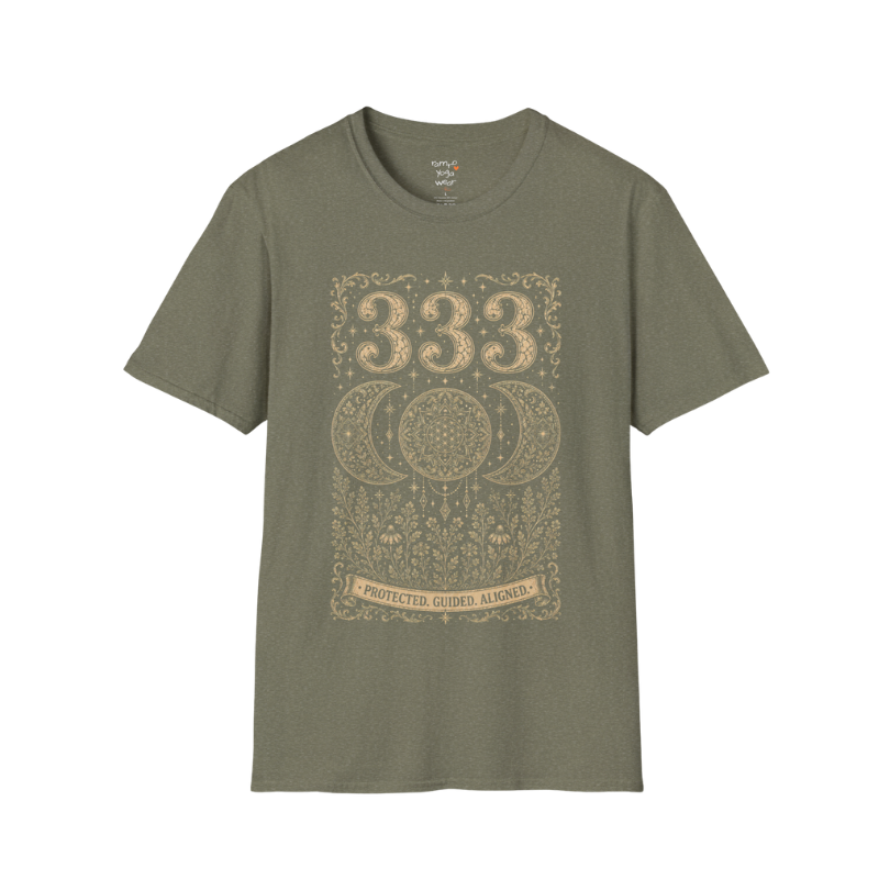 333 triple moon sacred geometry mandala botanical engraving design — Dark Sacred Stillness collection by Ramro Yoga Wear in Heather Military Green.