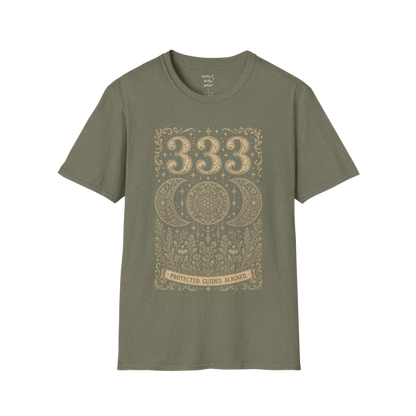 333 triple moon sacred geometry mandala botanical engraving design — Dark Sacred Stillness collection by Ramro Yoga Wear in Heather Military Green.