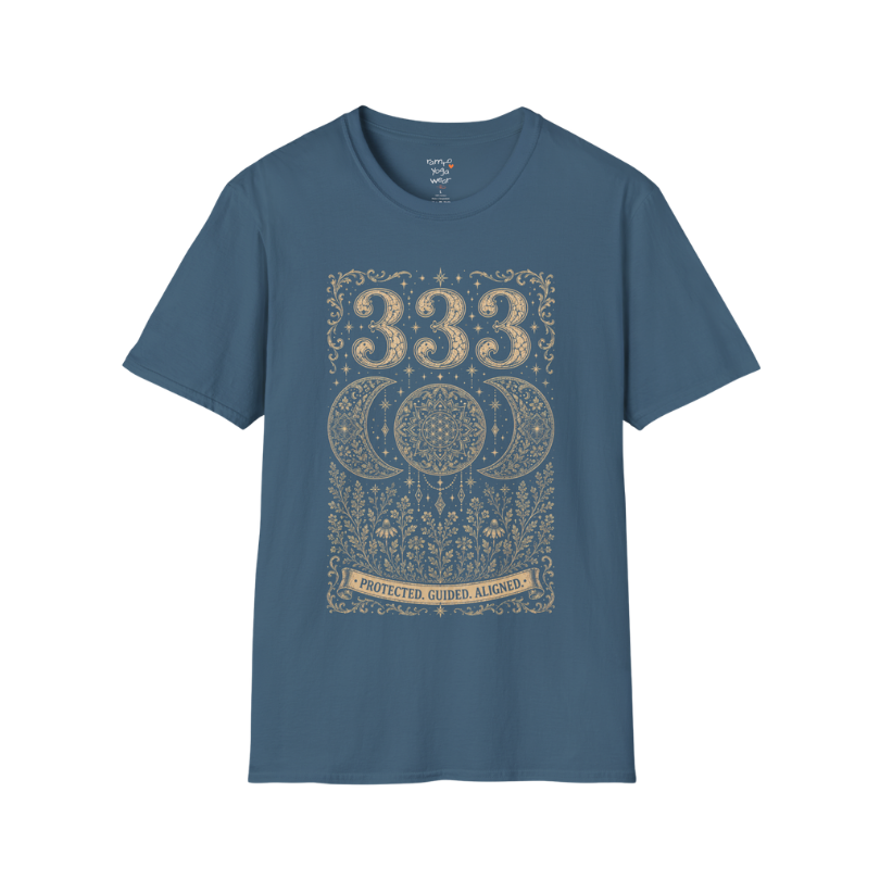 333 triple moon sacred geometry mandala botanical engraving design — Dark Sacred Stillness collection by Ramro Yoga Wear in Indigo Blue