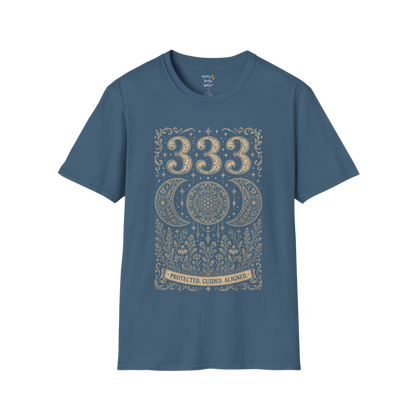 333 triple moon sacred geometry mandala botanical engraving design — Dark Sacred Stillness collection by Ramro Yoga Wear in Indigo Blue
