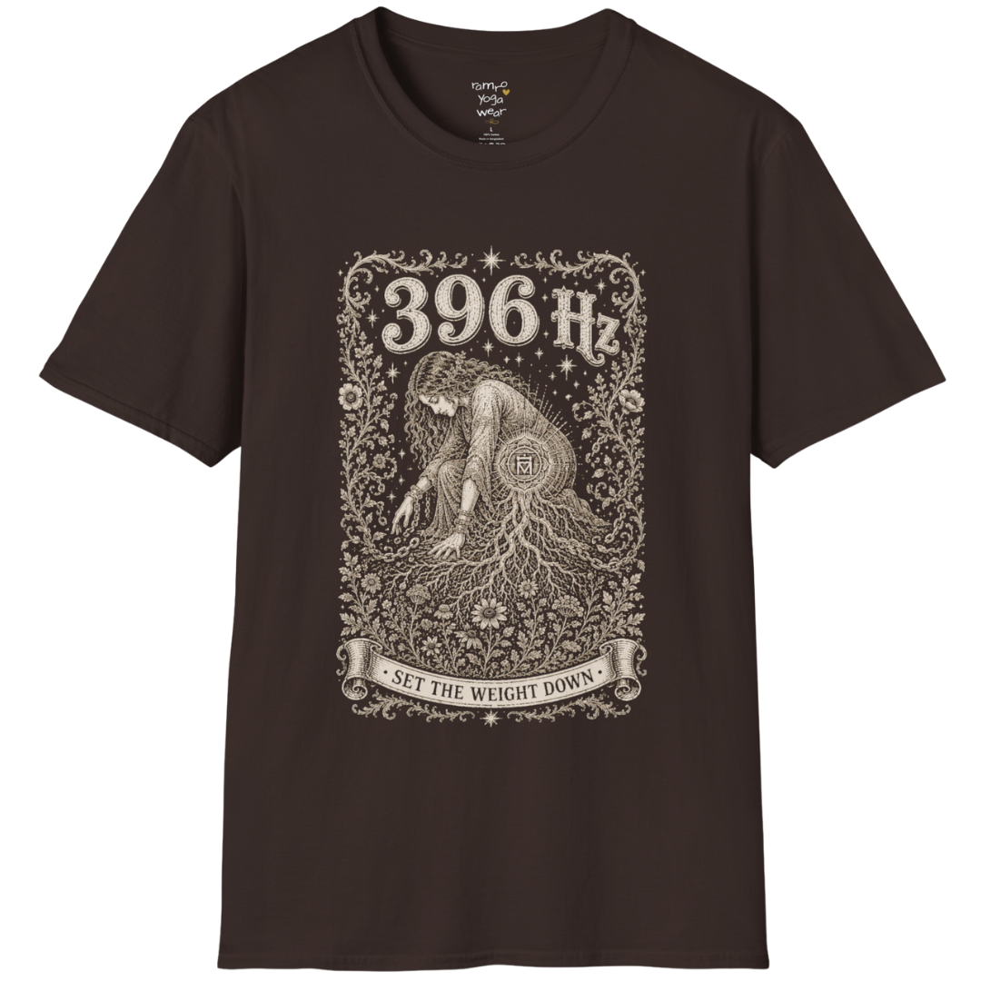 396 Hz T-Shirt with chains breaking into botanical vines design — Dark Sacred Stillness collection by Ramro Yoga Wear in Dark Chocolate