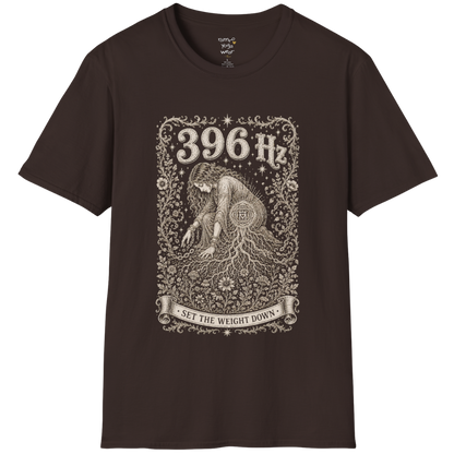 396 Hz T-Shirt with chains breaking into botanical vines design — Dark Sacred Stillness collection by Ramro Yoga Wear in Dark Chocolate