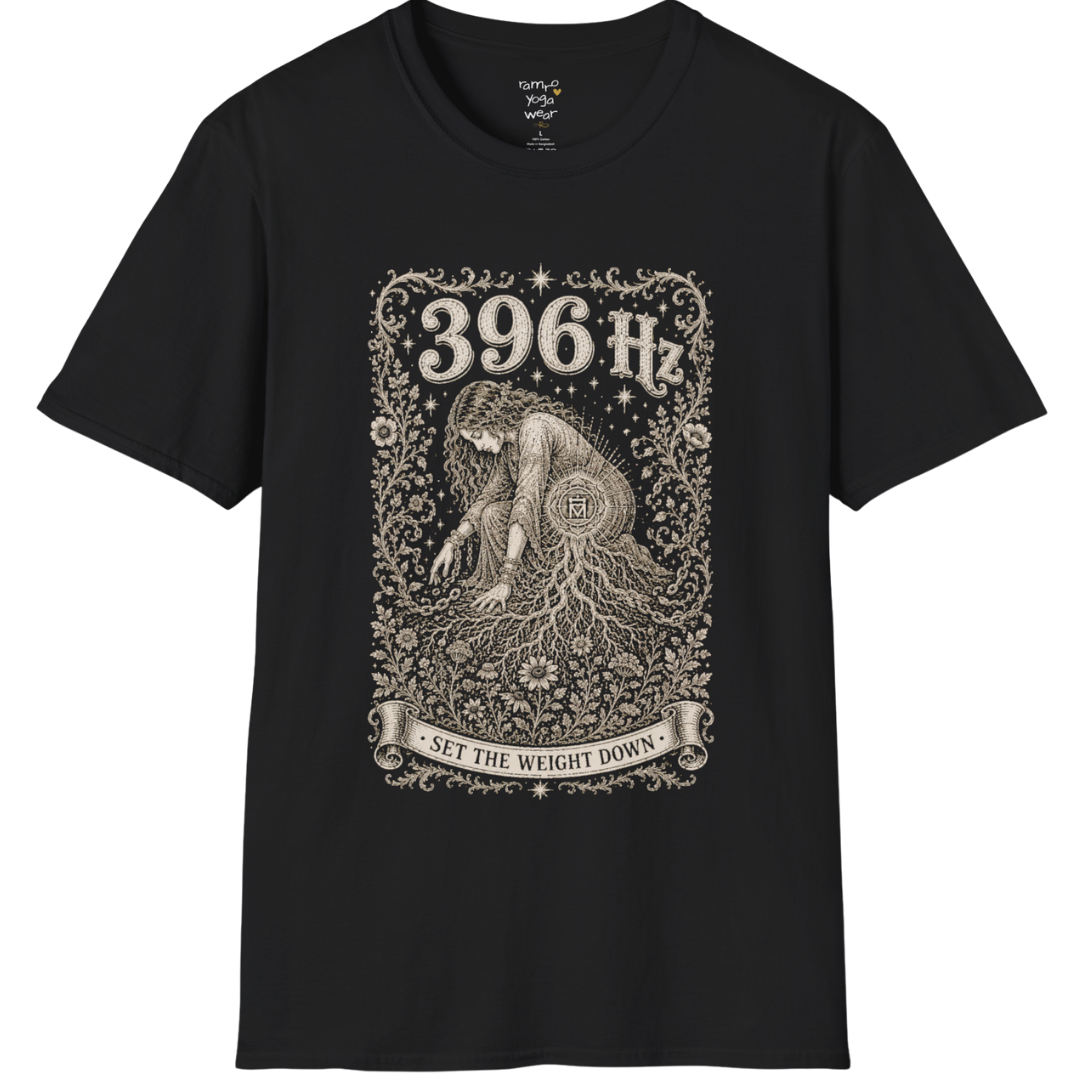 396 Hz T-Shirt with chains breaking into botanical vines design — Dark Sacred Stillness collection by Ramro Yoga Wear in black