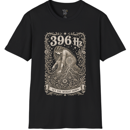 396 Hz T-Shirt with chains breaking into botanical vines design — Dark Sacred Stillness collection by Ramro Yoga Wear in black