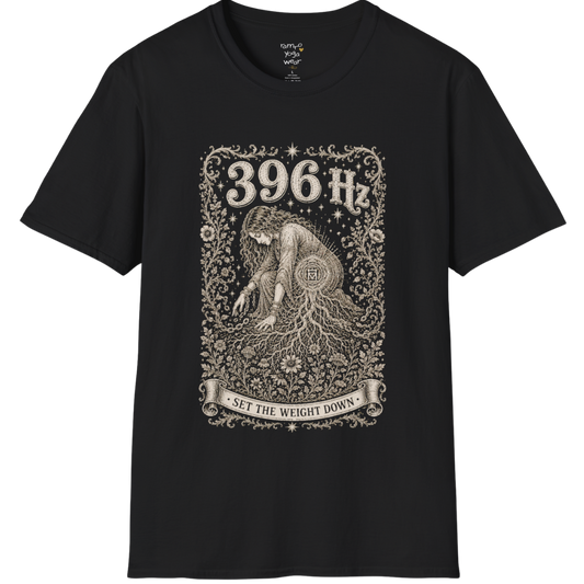 396 Hz T-Shirt with chains breaking into botanical vines design — Dark Sacred Stillness collection by Ramro Yoga Wear in black