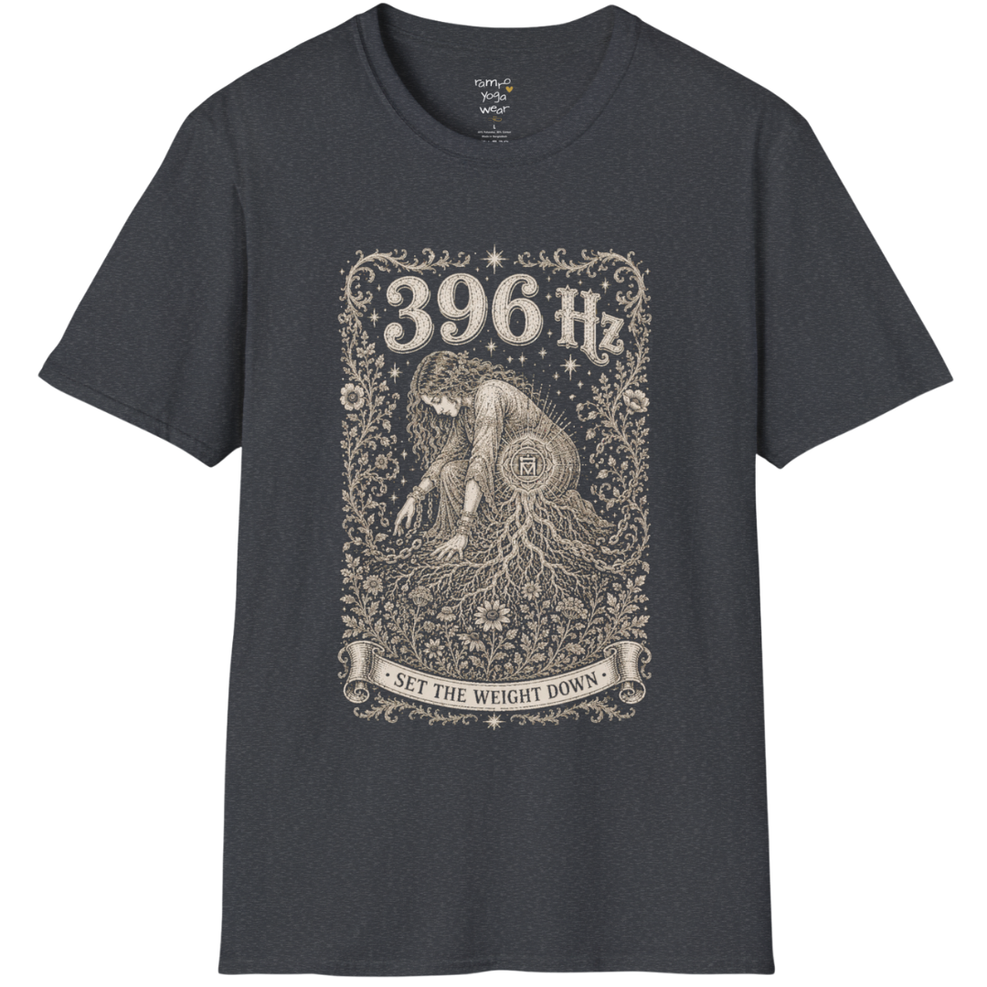 396 Hz T-Shirt with chains breaking into botanical vines design — Dark Sacred Stillness collection by Ramro Yoga Wear in Dark Heather Grey