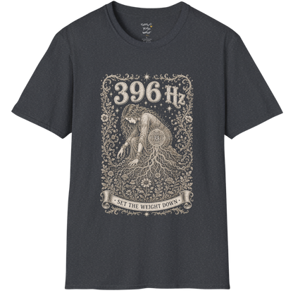396 Hz T-Shirt with chains breaking into botanical vines design — Dark Sacred Stillness collection by Ramro Yoga Wear in Dark Heather Grey