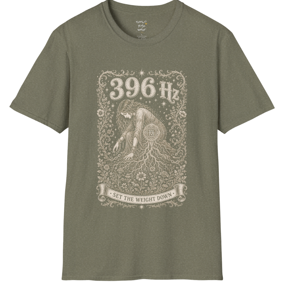 396 Hz T-Shirt with chains breaking into botanical vines design — Dark Sacred Stillness collection by Ramro Yoga Wear in Heather Military Green