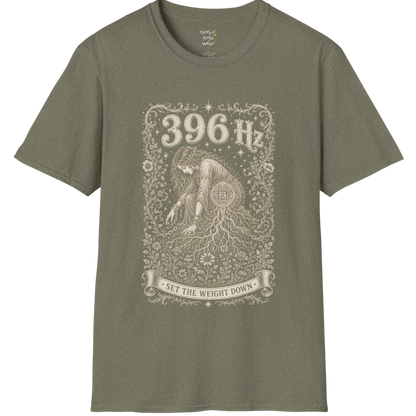 396 Hz T-Shirt with chains breaking into botanical vines design — Dark Sacred Stillness collection by Ramro Yoga Wear in Heather Military Green