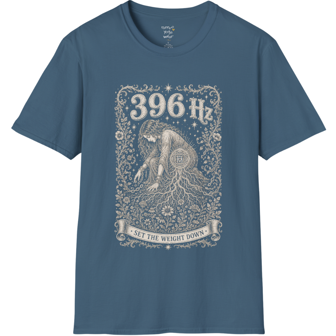 396 Hz T-Shirt with chains breaking into botanical vines design — Dark Sacred Stillness collection by Ramro Yoga Wear in Indigo Blue