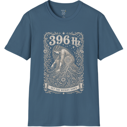 396 Hz T-Shirt with chains breaking into botanical vines design — Dark Sacred Stillness collection by Ramro Yoga Wear in Indigo Blue