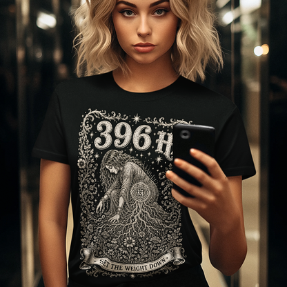 396 Hz T-Shirt black sacred yoga shirt indoors — Dark Sacred Stillness collection by Ramro Yoga Wear