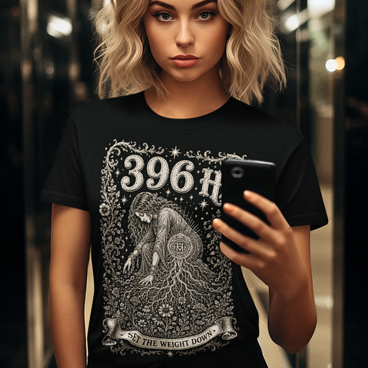 396 Hz T-Shirt black sacred yoga shirt indoors — Dark Sacred Stillness collection by Ramro Yoga Wear