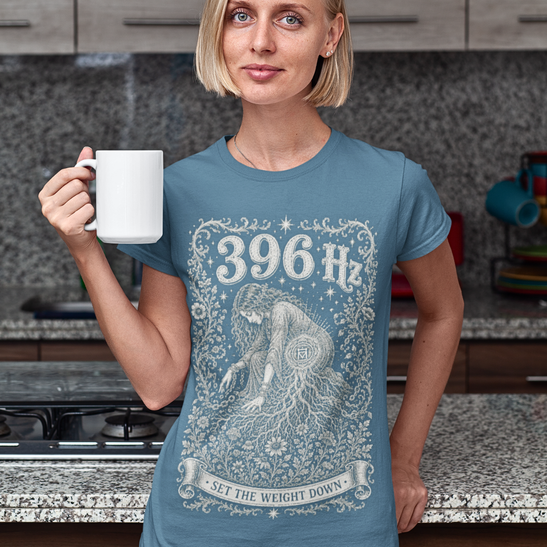 396 Hz T-Shirt indigo blue sacred yoga shirt at home with coffee — Dark Sacred Stillness collection by Ramro Yoga Wear