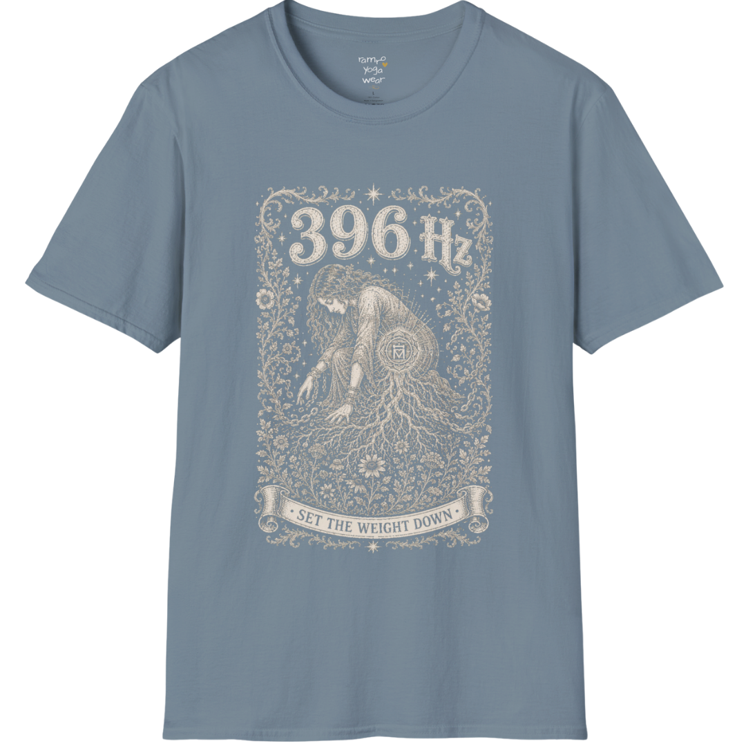 396 Hz T-Shirt with chains breaking into botanical vines design — Dark Sacred Stillness collection by Ramro Yoga Wear in Stone Blue