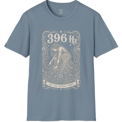396 Hz T-Shirt with chains breaking into botanical vines design — Dark Sacred Stillness collection by Ramro Yoga Wear in Stone Blue