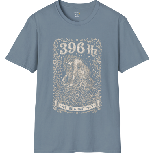 396 Hz T-Shirt with chains breaking into botanical vines design — Dark Sacred Stillness collection by Ramro Yoga Wear in Stone Blue