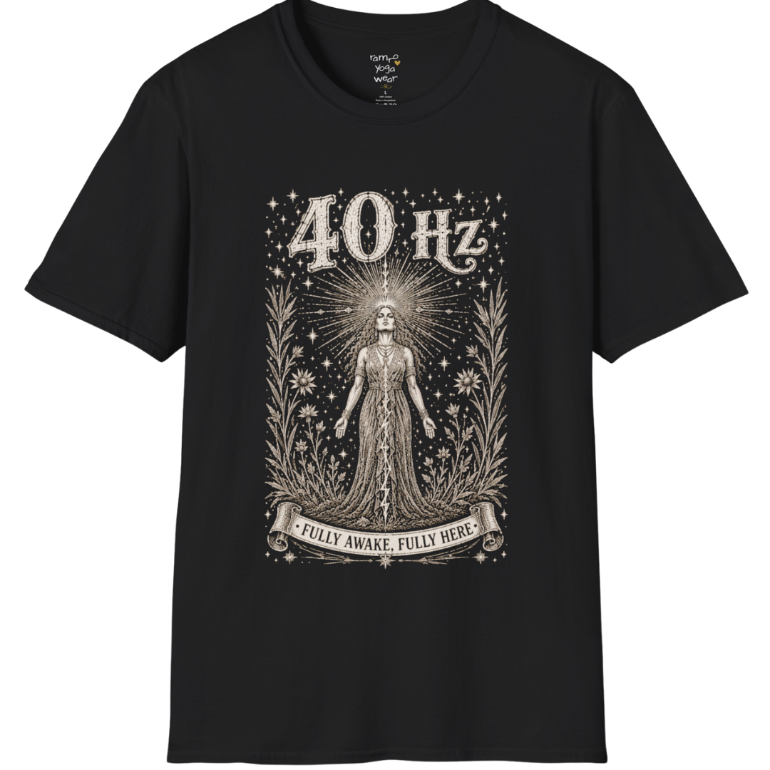 40 Hz T-Shirt with radiating crown of light design — Dark Sacred Stillness collection by Ramro Yoga Wear in Black
