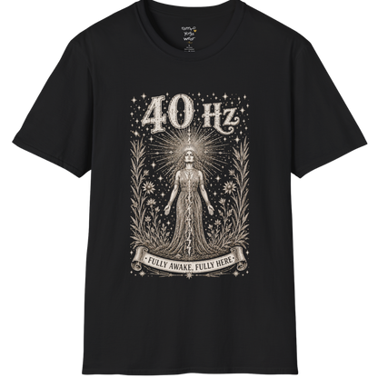 40 Hz T-Shirt with radiating crown of light design — Dark Sacred Stillness collection by Ramro Yoga Wear in Black