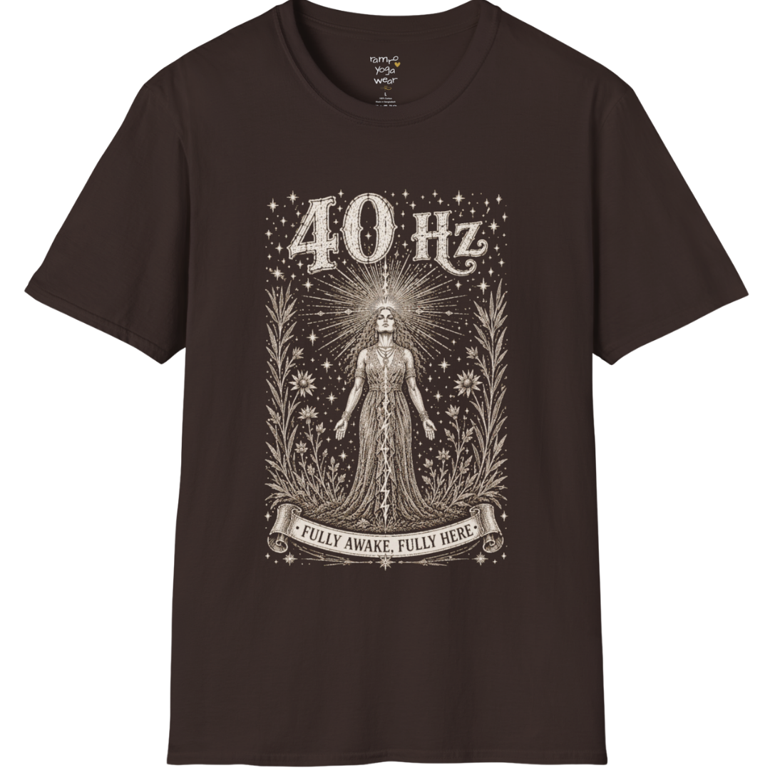 40 Hz T-Shirt with radiating crown of light design — Dark Sacred Stillness collection by Ramro Yoga Wear in Dark Chocolate