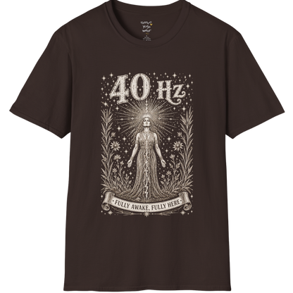 40 Hz T-Shirt with radiating crown of light design — Dark Sacred Stillness collection by Ramro Yoga Wear in Dark Chocolate