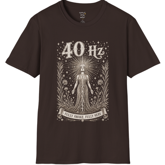 40 Hz T-Shirt with radiating crown of light design — Dark Sacred Stillness collection by Ramro Yoga Wear in Dark Chocolate