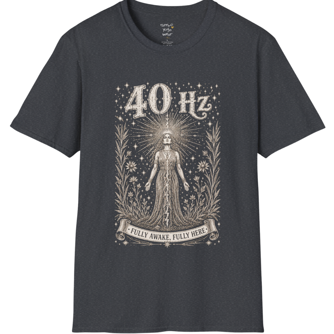 40 Hz T-Shirt with radiating crown of light design — Dark Sacred Stillness collection by Ramro Yoga Wear in Dark Heather Grey