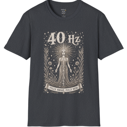 40 Hz T-Shirt with radiating crown of light design — Dark Sacred Stillness collection by Ramro Yoga Wear in Dark Heather Grey