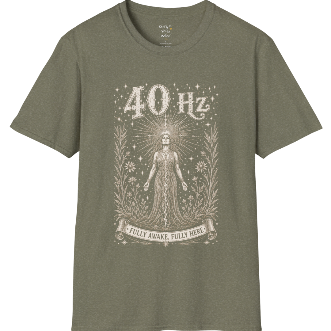 40 Hz T-Shirt with radiating crown of light design — Dark Sacred Stillness collection by Ramro Yoga Wear in Heather Military Green